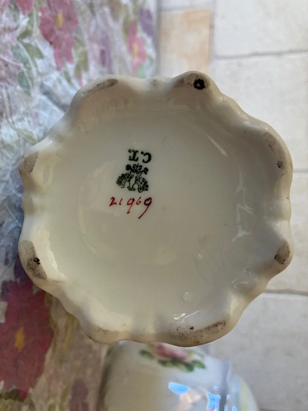 Antique Chocolate Pot Green Floral Gold Trim